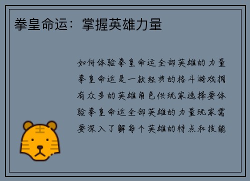 拳皇命运：掌握英雄力量