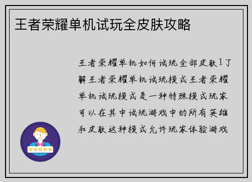 王者荣耀单机试玩全皮肤攻略